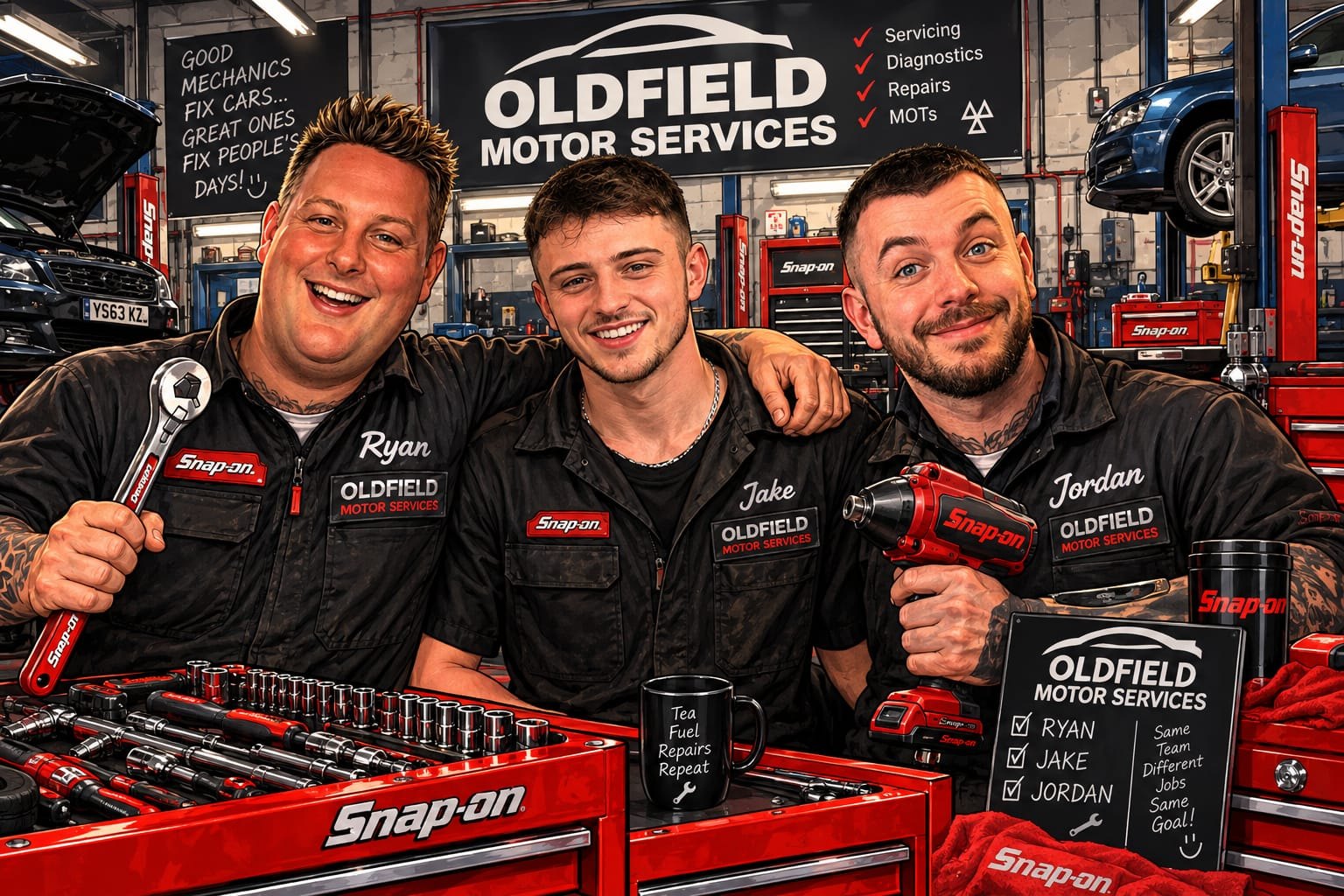 Illustration of Ryan, Jake and Jordan together in the Oldfield workshop
