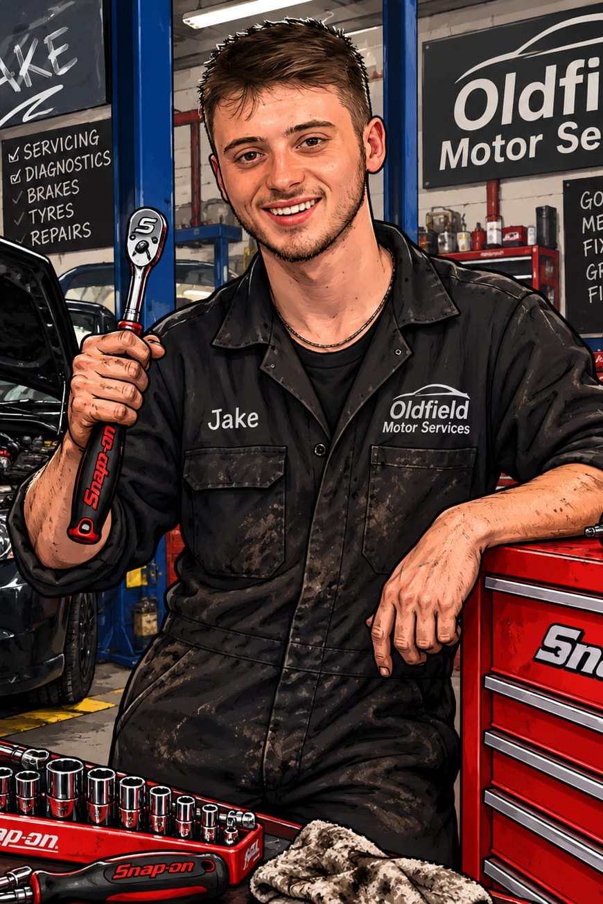 Illustration of Jake in Oldfield Motor Services workwear holding a Snap-on ratchet