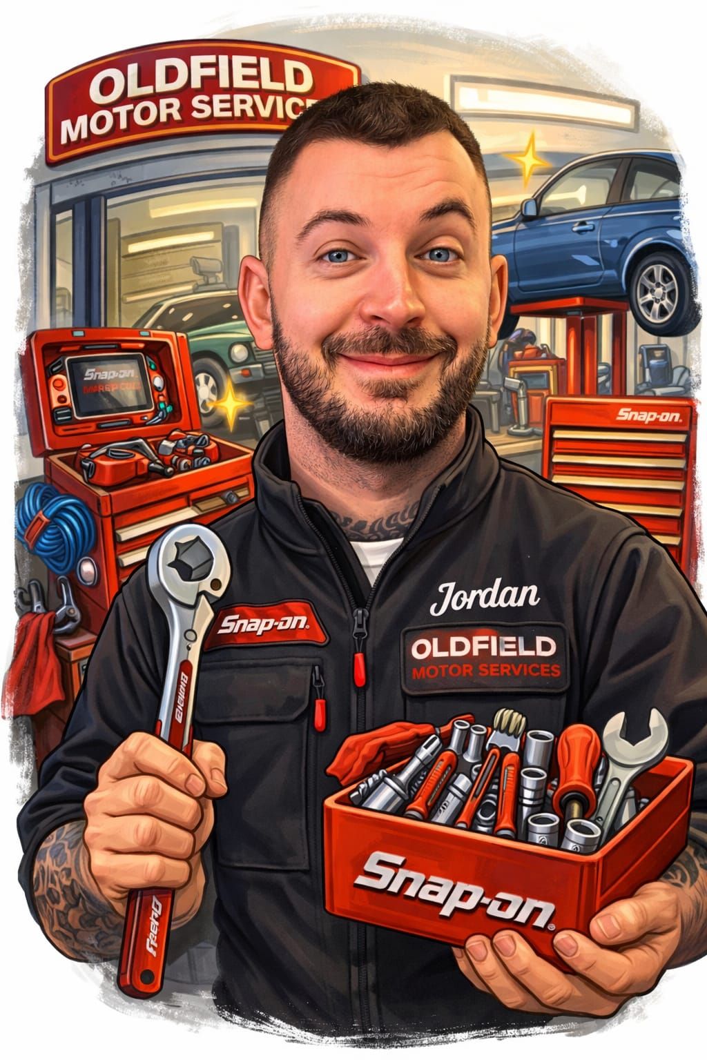 Illustration of Jordan in Oldfield Motor Services workwear holding a Snap-on toolbox