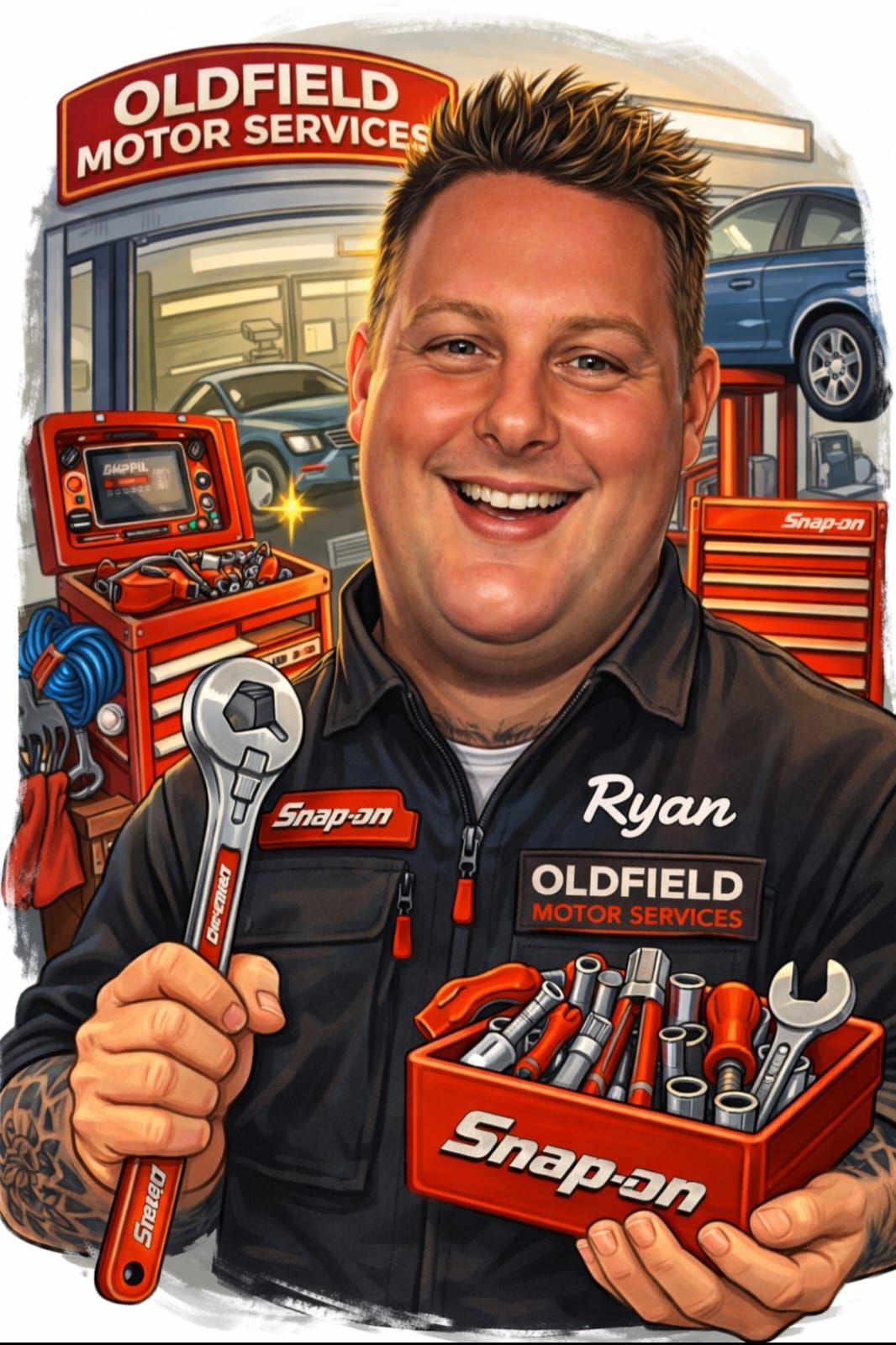 Illustration of Ryan in Oldfield Motor Services workwear holding a Snap-on toolbox